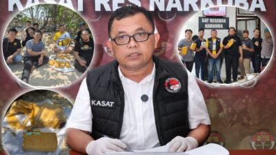 Petugas Satres Narkoba Polres Belitung menunjukkan paket diduga sabu seberat sekitar 4 kilogram yang ditemukan nelayan di perairan Pulau Ulat Bulu, Desa Juru Seberang, Tanjungpandan, Sabtu (28/3/2026).