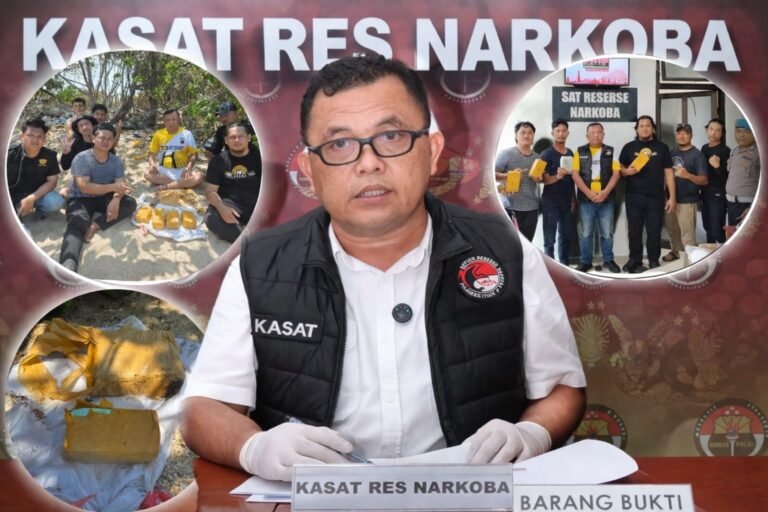 Petugas Satres Narkoba Polres Belitung menunjukkan paket diduga sabu seberat sekitar 4 kilogram yang ditemukan nelayan di perairan Pulau Ulat Bulu, Desa Juru Seberang, Tanjungpandan, Sabtu (28/3/2026).