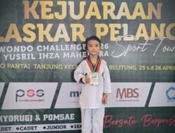 Muhammad Haikal Fathan, bocah 6 tahun asal Belitung, atlet taekwondo yang tetap bertanding meski cedera dan berhasil meraih medali emas di Kejuaraan Laskar Pelangi Sport Tourism Taekwondo Challenge 2026.