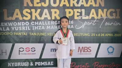 Muhammad Haikal Fathan, bocah 6 tahun asal Belitung, atlet taekwondo yang tetap bertanding meski cedera dan berhasil meraih medali emas di Kejuaraan Laskar Pelangi Sport Tourism Taekwondo Challenge 2026.