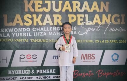 Muhammad Haikal Fathan, bocah 6 tahun asal Belitung, atlet taekwondo yang tetap bertanding meski cedera dan berhasil meraih medali emas di Kejuaraan Laskar Pelangi Sport Tourism Taekwondo Challenge 2026.