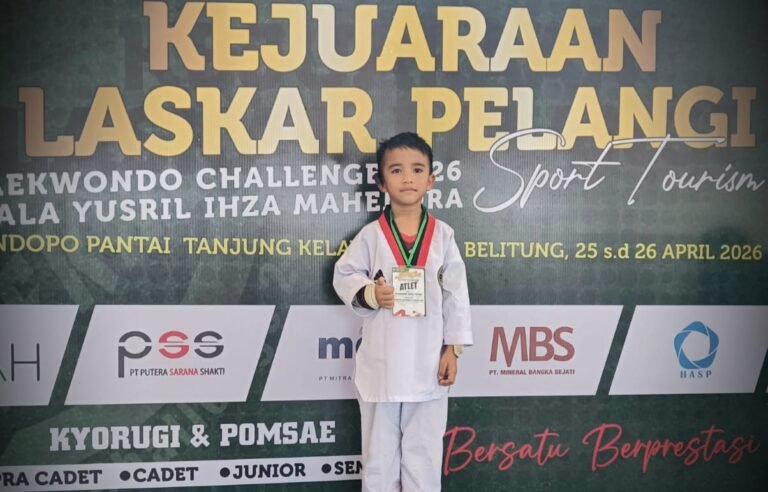 Muhammad Haikal Fathan, bocah 6 tahun asal Belitung, atlet taekwondo yang tetap bertanding meski cedera dan berhasil meraih medali emas di Kejuaraan Laskar Pelangi Sport Tourism Taekwondo Challenge 2026.