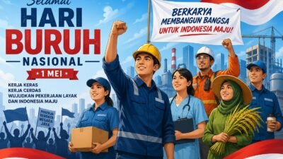Pekerja berunjuk rasa memperingati Hari Buruh dengan spanduk tuntutan hak.