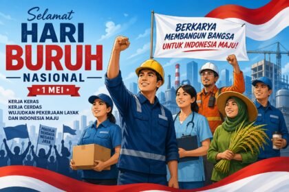 Pekerja berunjuk rasa memperingati Hari Buruh dengan spanduk tuntutan hak.