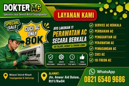 Pamflet promo spesial cuci AC hanya Rp80 ribu bersama Dokter AC Ogi Sanjaya, teknisi berpengalaman delapan tahun di Belitung.